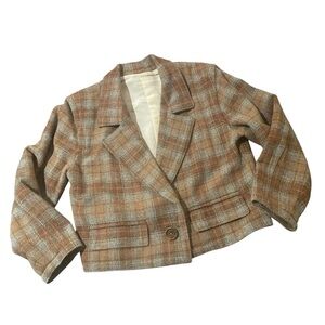 Vintage 50s 60s Neutral Browns Plaid Women's Cropped Jacket Blazer Coat Plus Sz